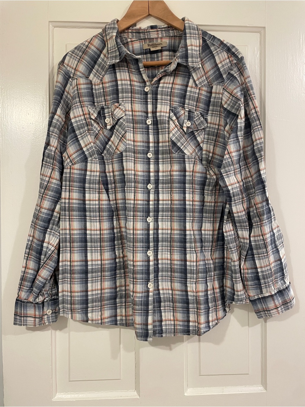 Ruff Hewn Blue, White & Tan Plaid Button-Down Shirt